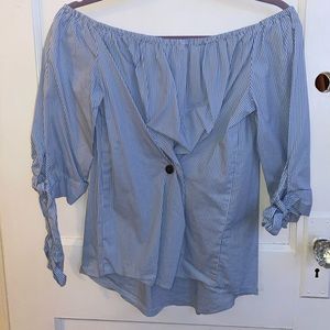 Blue off shoulder top with button in back